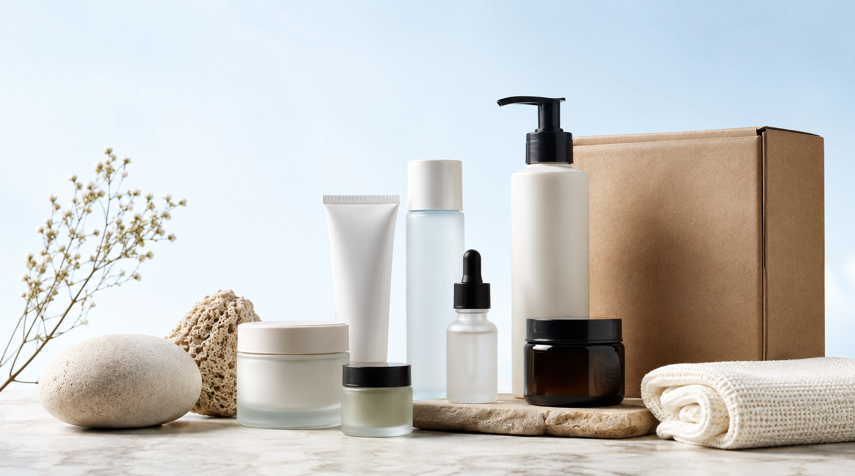 A curated group of unbranded personal care and wellness products prepared for modern commerce